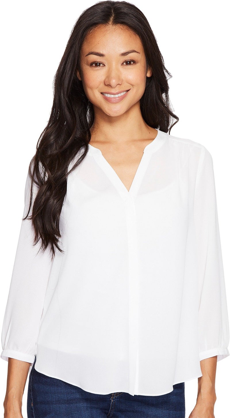 NYDJ Women's Petite 3/4 Sleeve Pintuck Blouse, Optic White, Medium/Petite